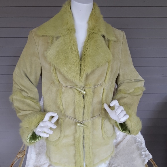 Alexis Luxury green suede & rabbit fur patchwork coat - Picture 1 of 8